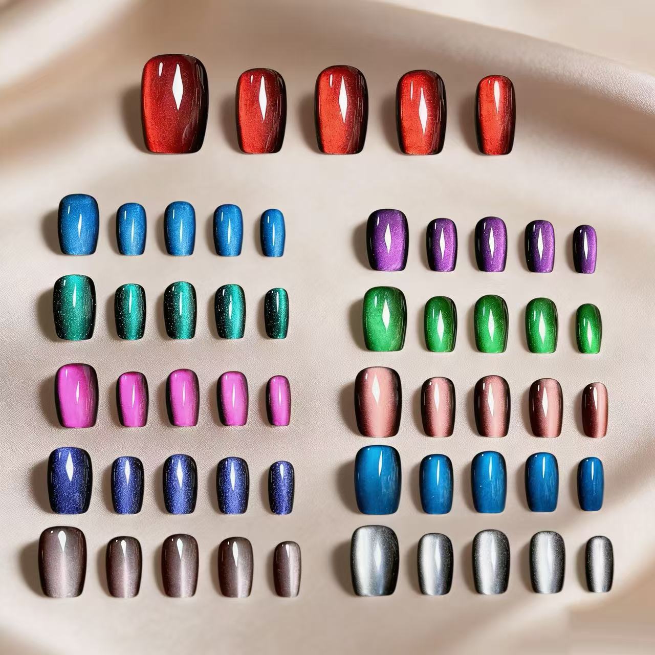 Summer Sparkling Short Square Cat-Eye Press-On Nails Collection: Elegant, Skin-Brightening Nail Art, New Design, Colorful Nail Strips