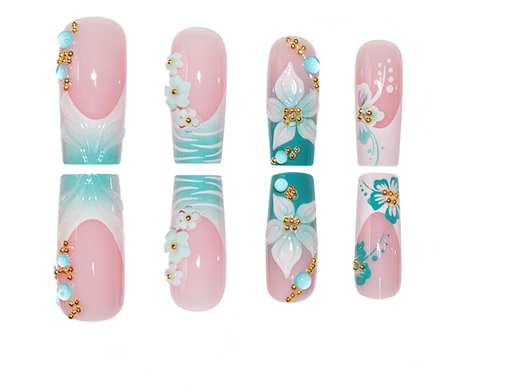 24Pcs Blue Flower Press on Nails