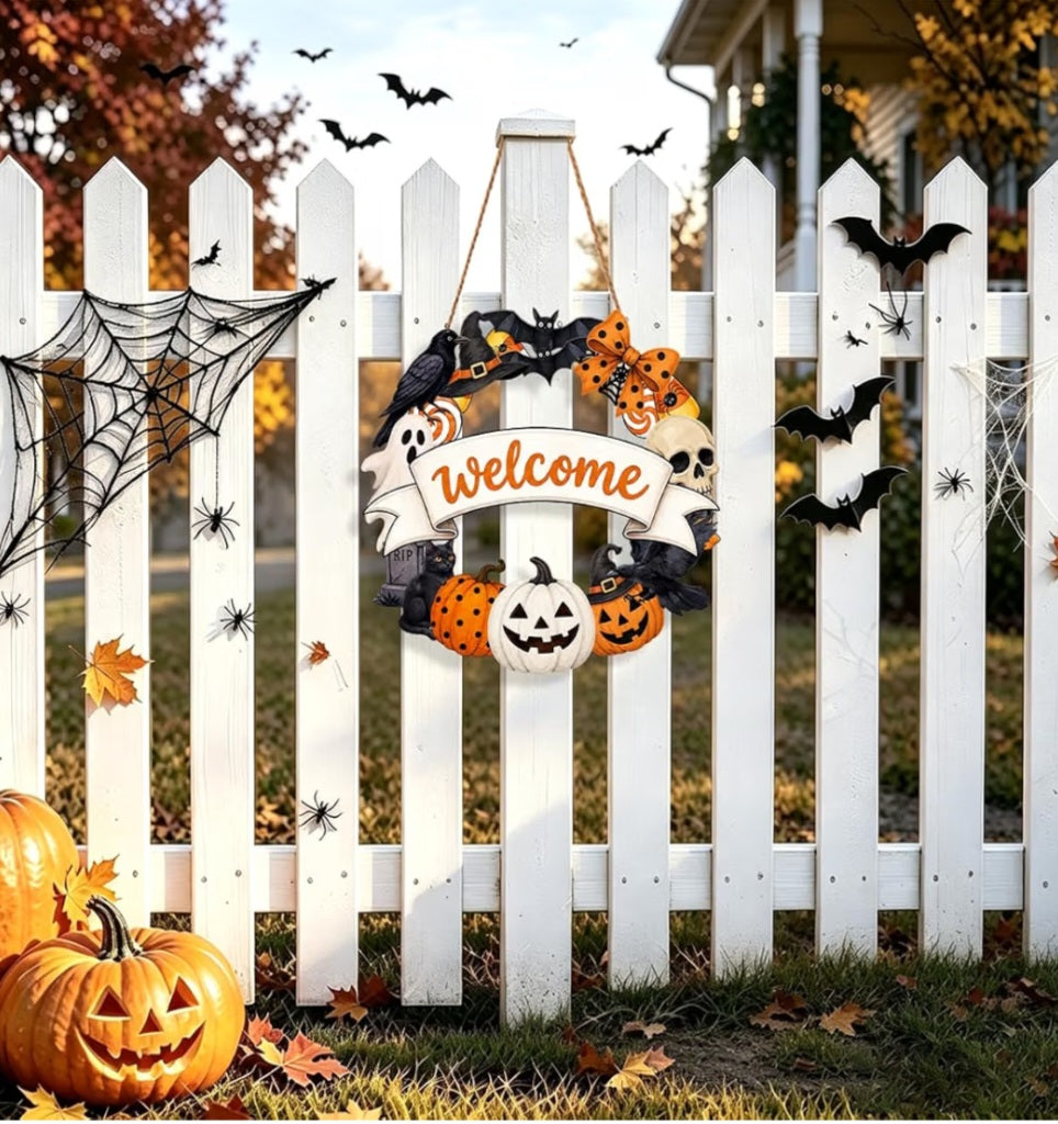 Halloween Welcome Wreath for Front Door Wooden Pumpkin Ghost Door Decor