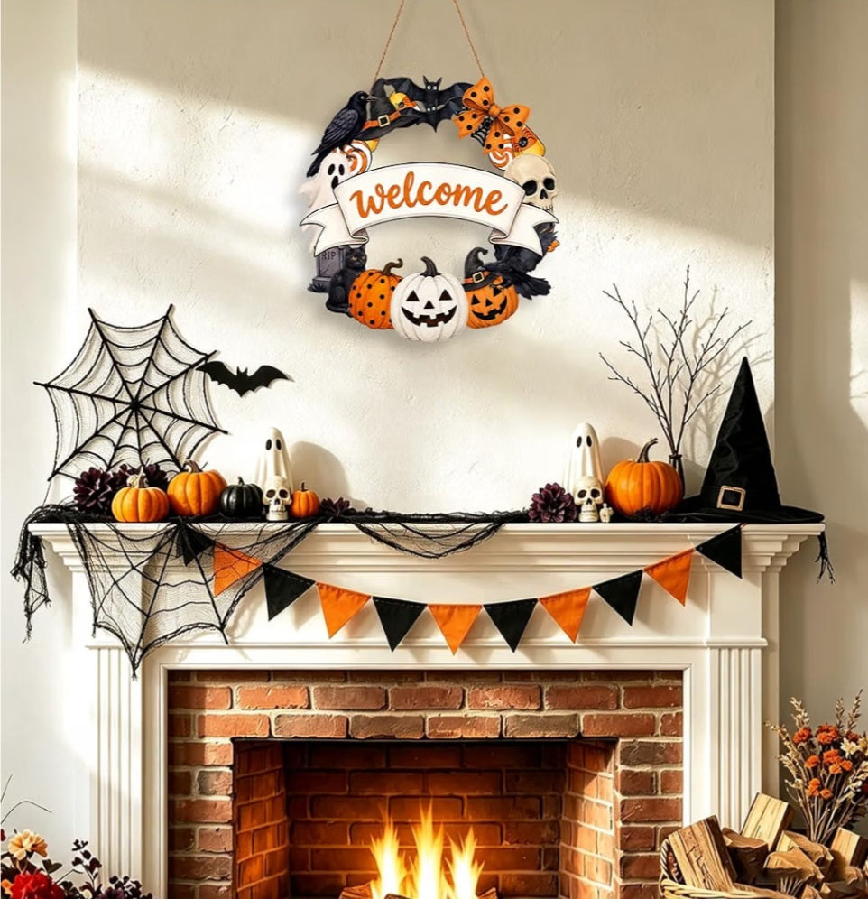 Halloween Welcome Wreath for Front Door Wooden Pumpkin Ghost Door Decor