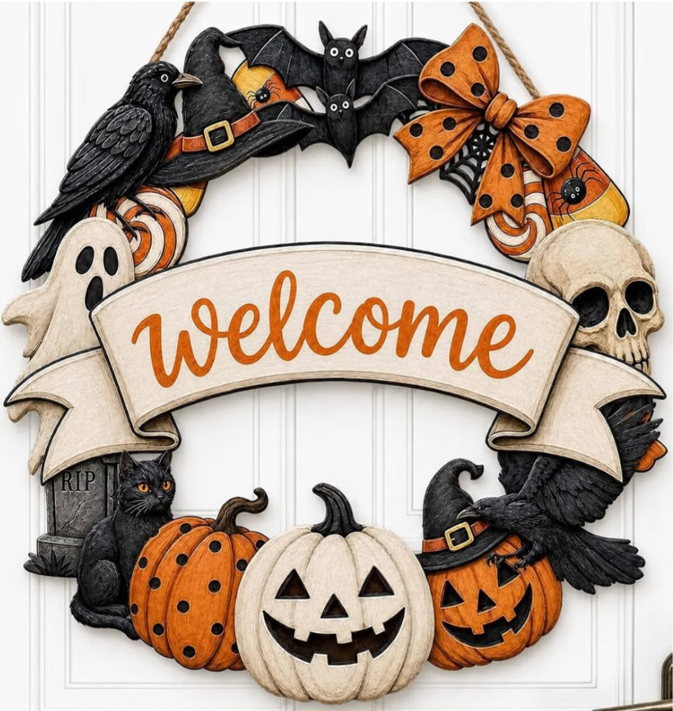 Halloween Welcome Wreath for Front Door Wooden Pumpkin Ghost Door Decor