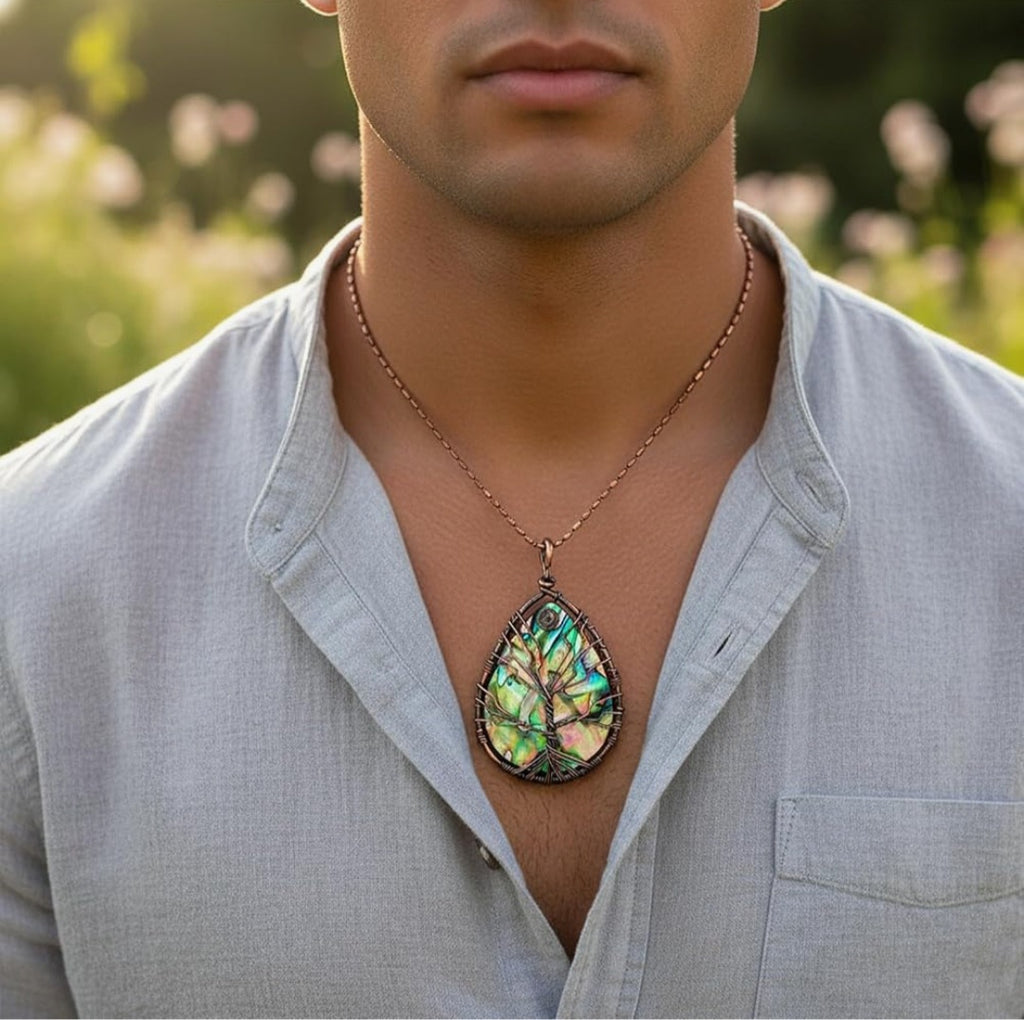 TUMBEELLUWA Copper Wire Wrapped Tree Life Abalone Shell Necklace Women Men