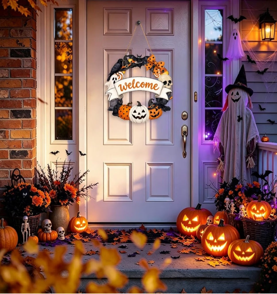 Halloween Welcome Wreath for Front Door Wooden Pumpkin Ghost Door Decor