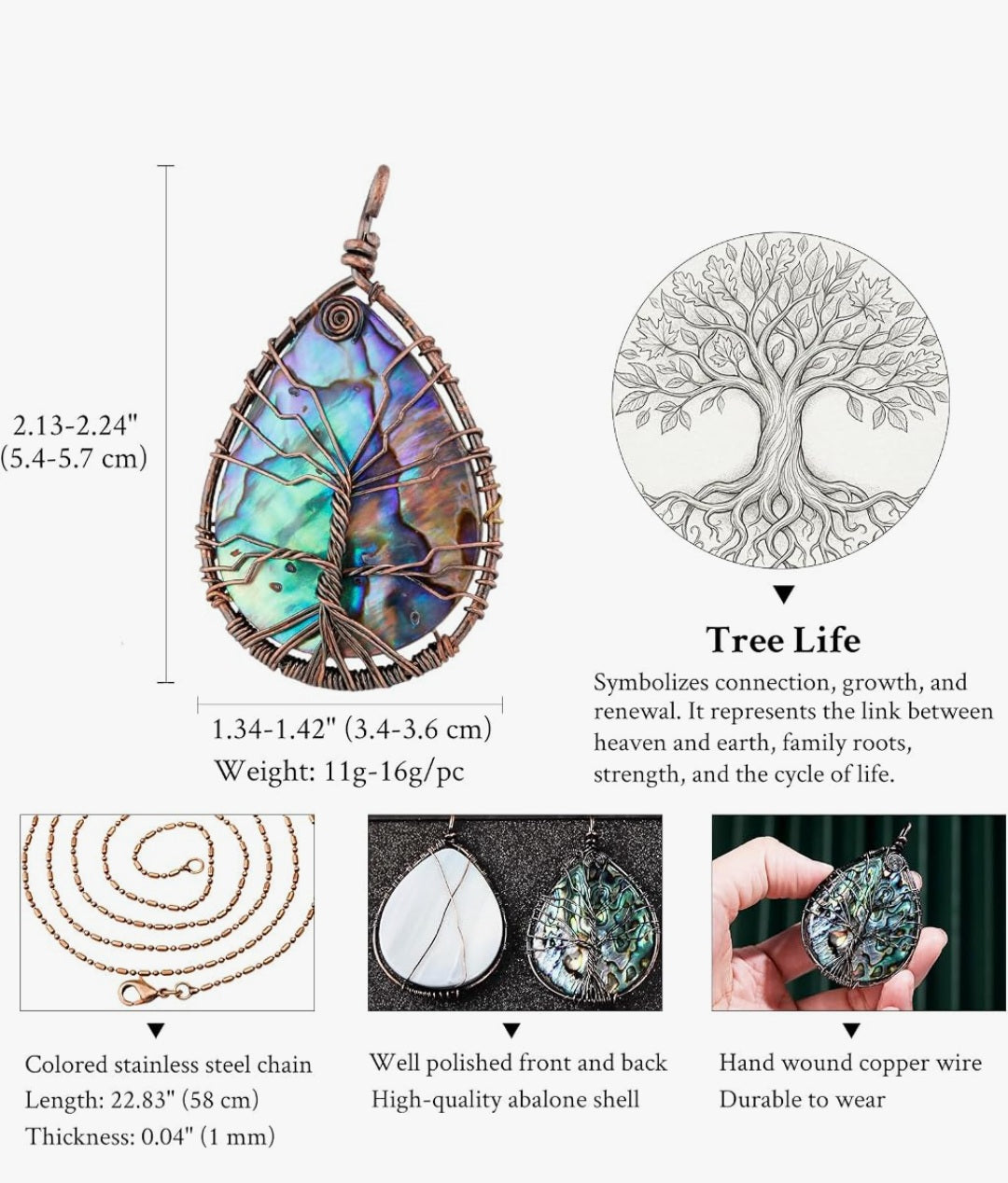 TUMBEELLUWA Copper Wire Wrapped Tree Life Abalone Shell Necklace Women Men
