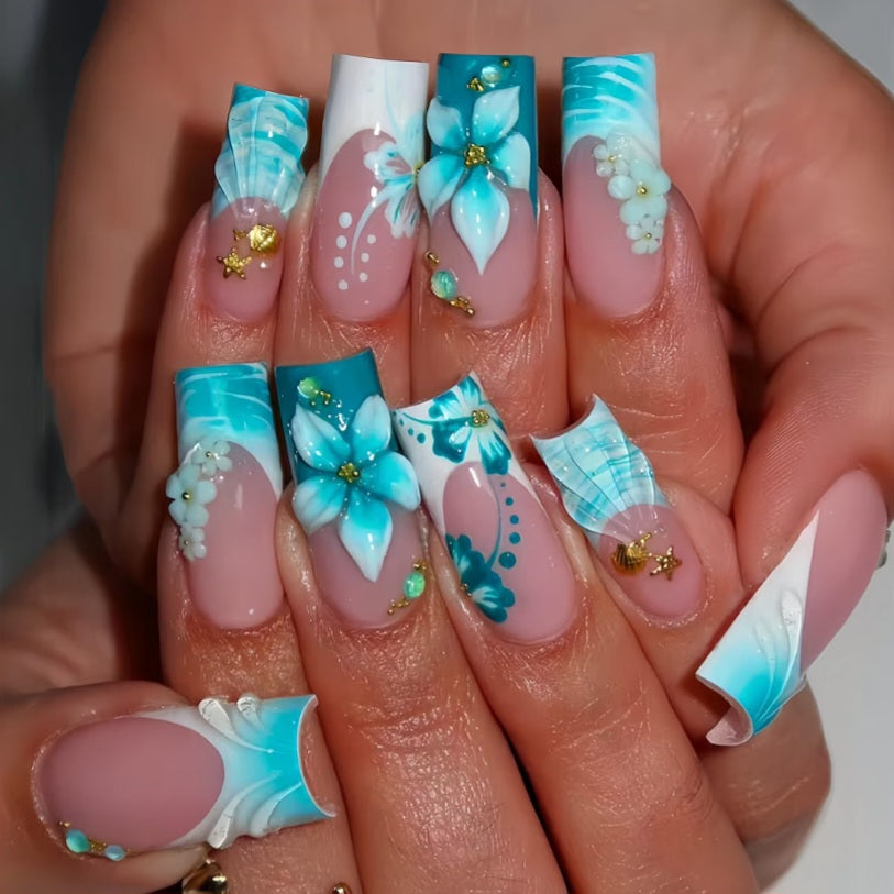 24Pcs Blue Flower Press on Nails