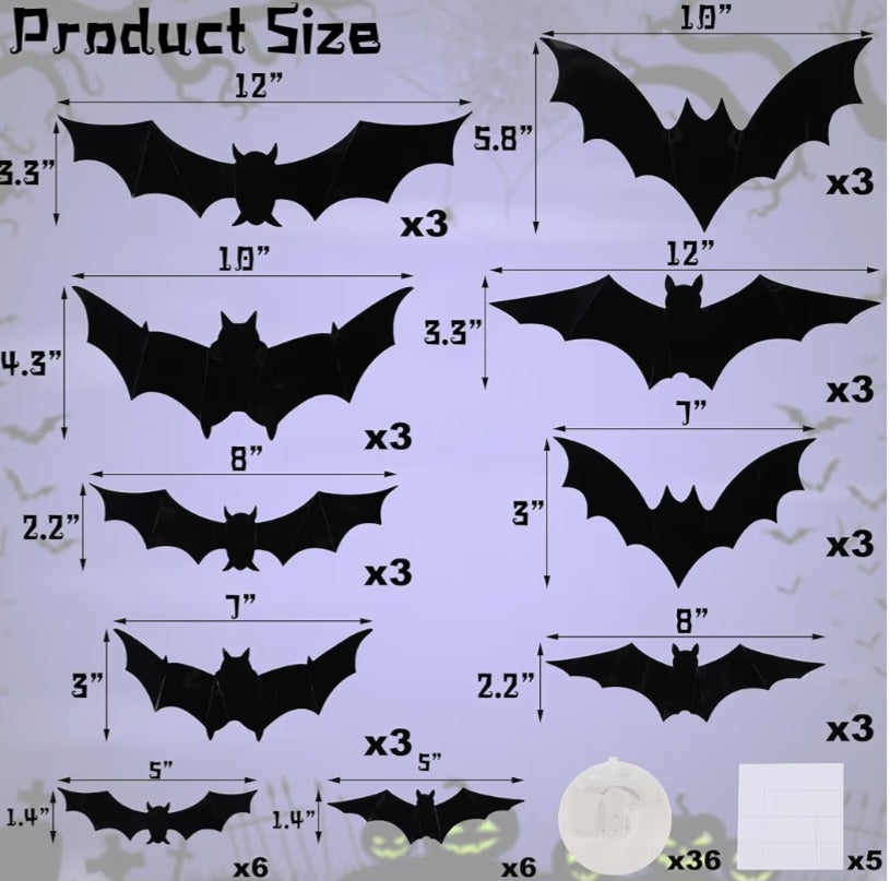 DR.DUDU 36 Pack Halloween Bats Wall Decor Halloween Decorations Indoor