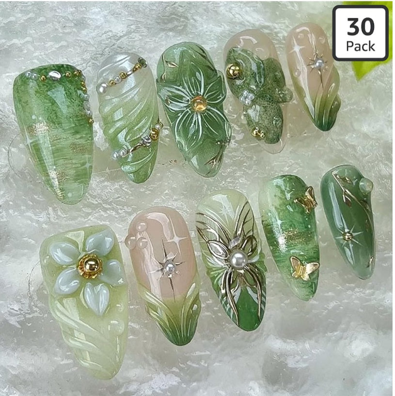 30Pcs Green Press on Nails