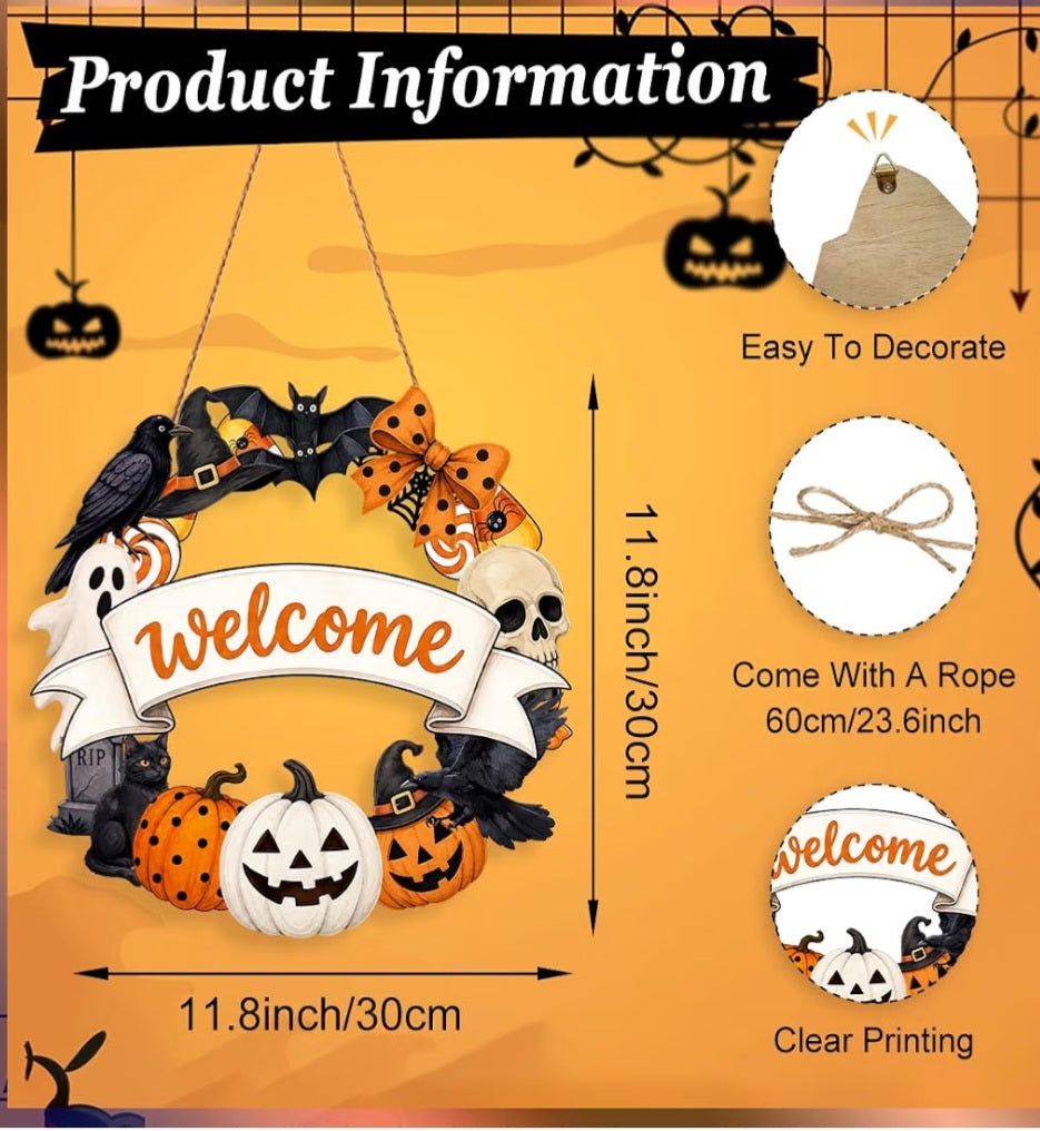 Halloween Welcome Wreath for Front Door Wooden Pumpkin Ghost Door Decor