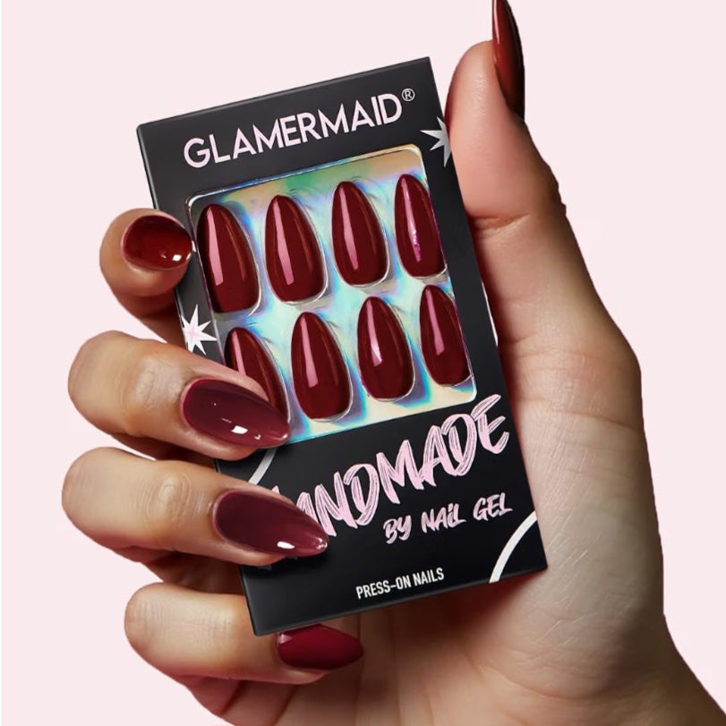Red Press on Nails Medium Almond, Burgundy Fake Nails Stiletto