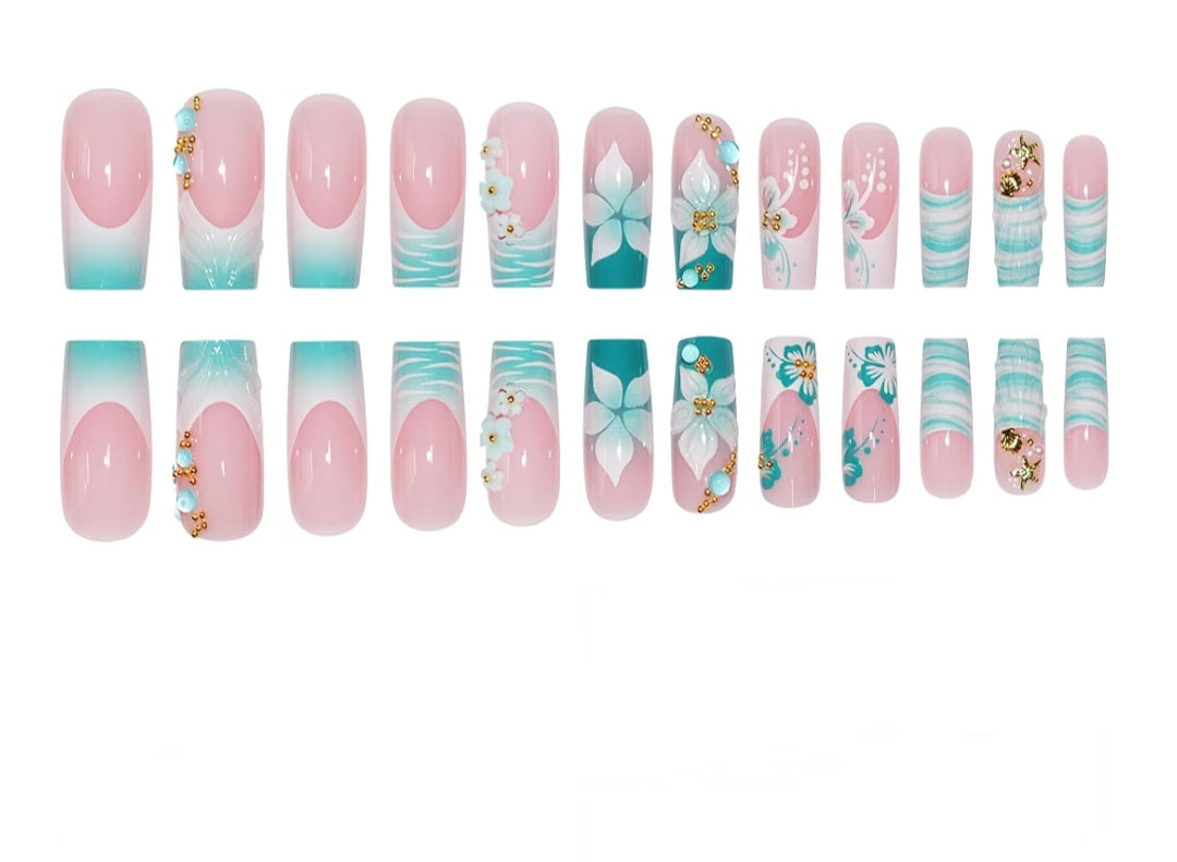 24Pcs Blue Flower Press on Nails
