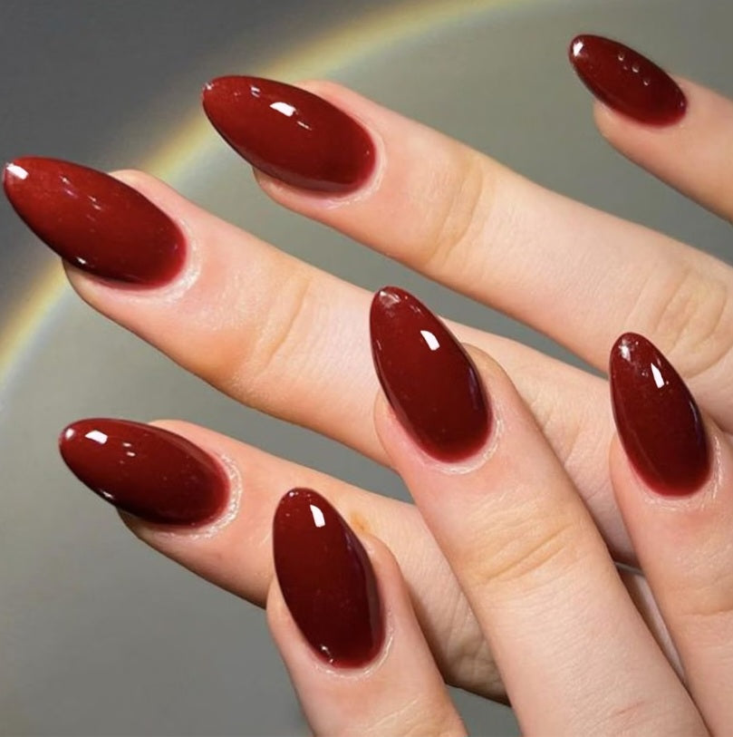 Red Press on Nails Medium Almond, Burgundy Fake Nails Stiletto